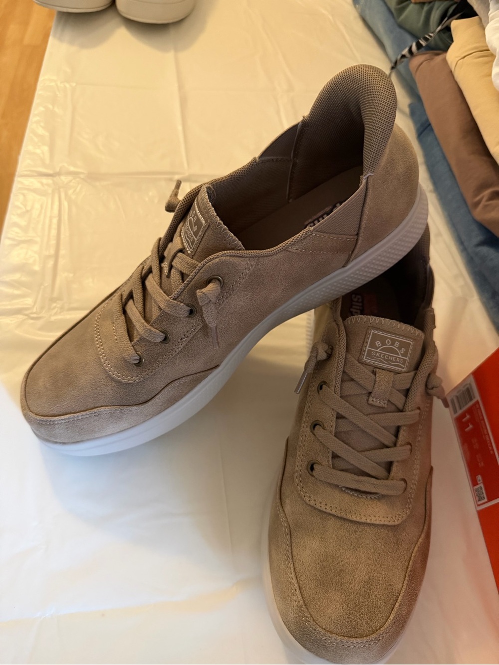 Women’s Skechers Bobs Skipper Slip-Ons Lace-Up Suede Sneakers in Taupe